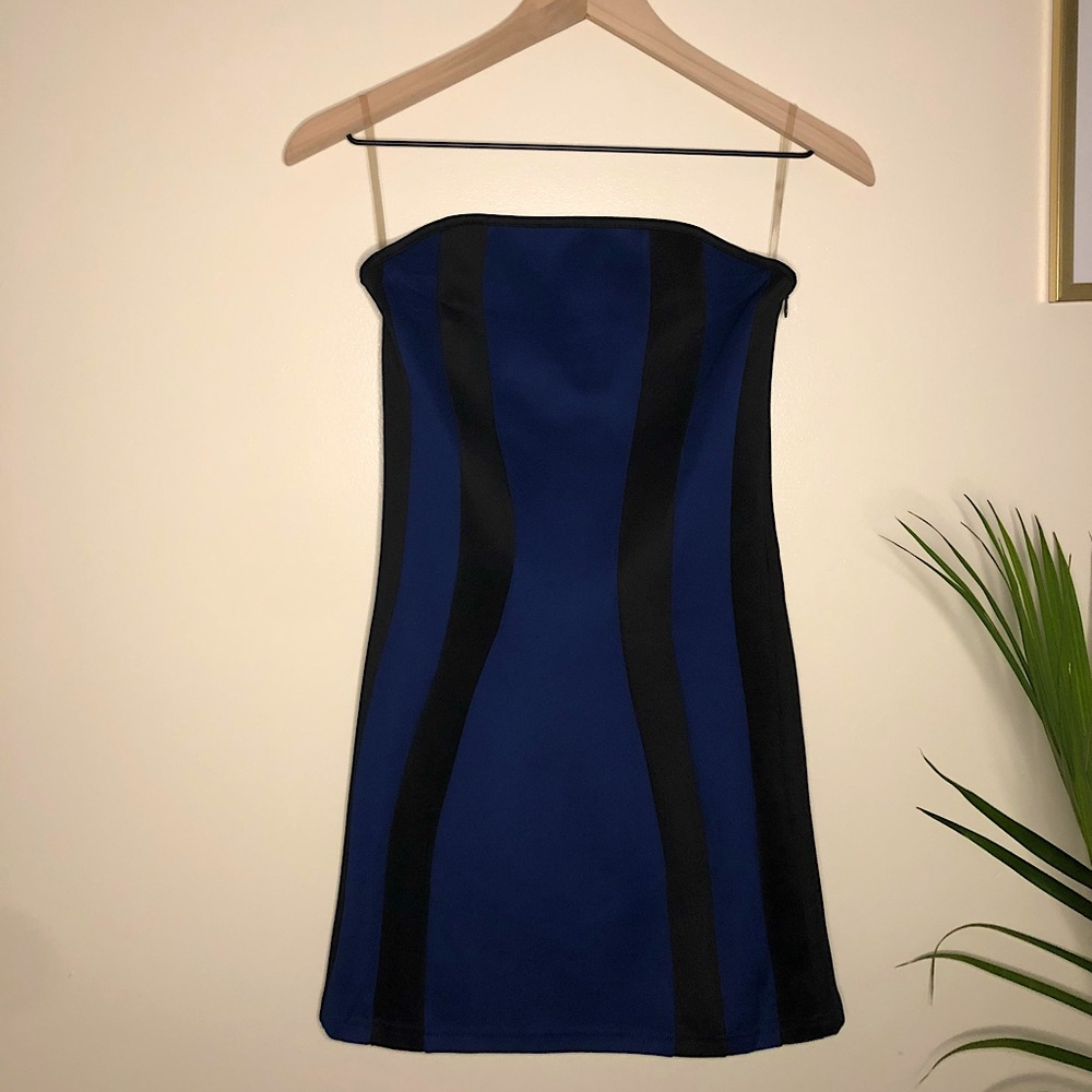 Y2K Blue and Black Strapless Bodycon Dress